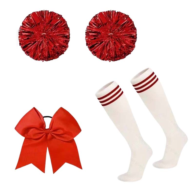 Team Sports - ชุดพู่เชียร์ลีดเดอร์ 4 ชิ้น พร้อมโบว์ติดผมและถุงเท้า สีแดง อุปกรณ์เชียร์สำหรับทีมโรงเรียน