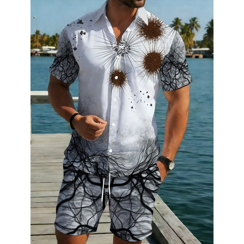 Hiking - ชุดเสื้อเชิ้ตพิมพ์ลายพร้อมกางเกงขาสั้นสำหรับผู้ชาย ระดับพรีเมียม ระบายอากาศได้ดี น้ำหนักเบา เหมาะสำหรับงานปาร์ตี้ริมชายหาด เดินป่า