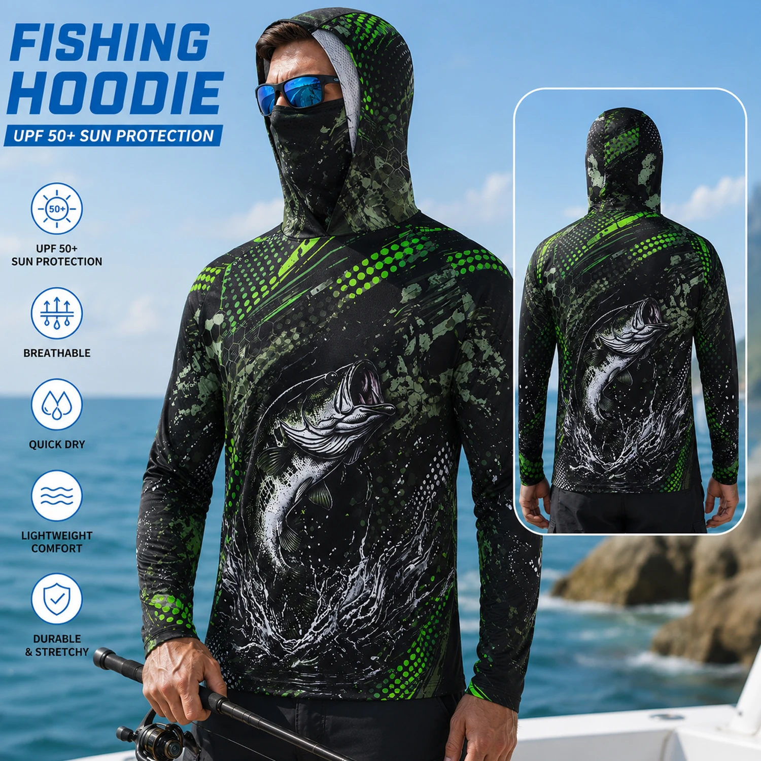 Hiking - เสื้อแขนยาวสำหรับตกปลาผู้ชาย รุ่นโปร แองเกลอร์ บัส พร้อมฮู้ดและผ้าคลุมหน้า ป้องกันรังสียูวี